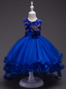 Discount Sleeveless High Low Appliques and Hand Made Flower Zipper Little Girl Pageant Gowns with Royal Blue