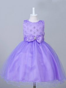 Knee Length Zipper Little Girls Pageant Gowns Eggplant Purple for Wedding Party with Appliques and Bowknot