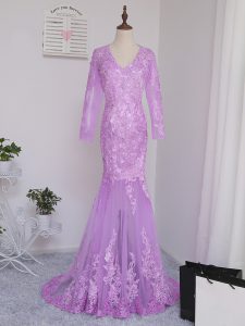 Fine Lilac Long Sleeves Brush Train Lace and Appliques Mother Of The Bride Dress