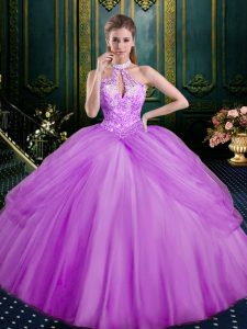 Tulle Halter Top Sleeveless Lace Up Beading and Pick Ups Quinceanera Dress in Lilac