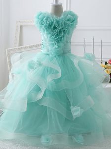 Perfect Floor Length Zipper Little Girls Pageant Dress Apple Green for Wedding Party with Ruffles and Hand Made Flower