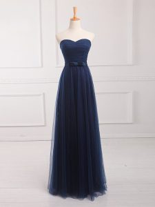 Decent Floor Length Lace Up Vestidos de Damas Navy Blue for Prom and Party and Wedding Party with Belt
