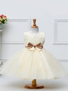 Best Sleeveless Knee Length Lace and Bowknot Zipper Pageant Dress with Champagne