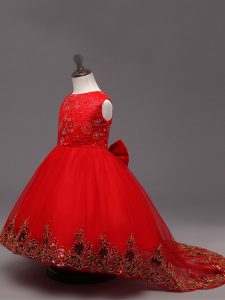 Red Ball Gowns Lace and Bowknot Little Girls Pageant Gowns Zipper Tulle Sleeveless High Low