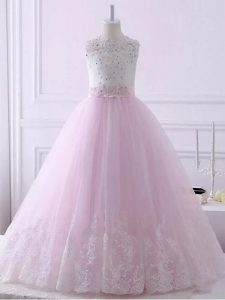 Enchanting Baby Pink Scalloped Lace Up Lace Little Girl Pageant Dress Brush Train Sleeveless