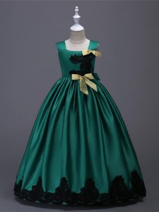 Customized Sleeveless Floor Length Appliques and Bowknot Zipper Little Girl Pageant Dress with Dark Green