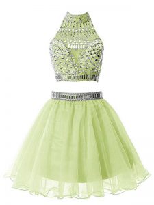 Elegant Organza High-neck Sleeveless Zipper Beading Quinceanera Court Dresses in Yellow Green