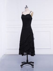 Adorable Black Straps Neckline Lace and Appliques Mother of Groom Dress Sleeveless Zipper