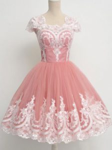 Latest Peach Square Neckline Lace Quinceanera Court Dresses Cap Sleeves Zipper