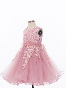 Tulle Scoop Sleeveless Zipper Appliques and Hand Made Flower High School Pageant Dress in Pink