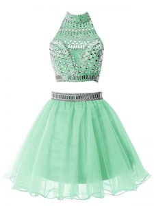 Luxurious Apple Green A-line High-neck Sleeveless Organza Knee Length Zipper Beading Damas Dress