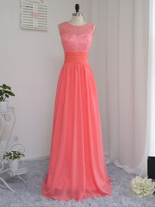 Best Selling Watermelon Red Sleeveless Chiffon Zipper Court Dresses for Sweet 16 for Prom and Party and Wedding Party