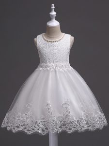 New Style Knee Length White Pageant Dress Scoop Sleeveless Zipper
