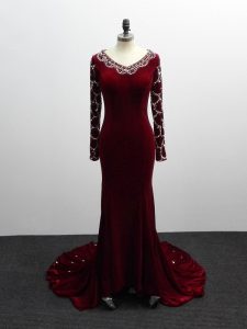 Burgundy Column/Sheath V-neck Long Sleeves Elastic Woven Satin Brush Train Zipper Beading Mother Of The Bride Dress