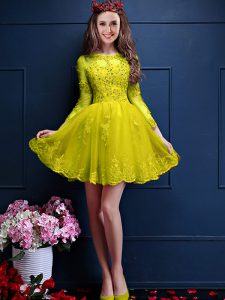 Mini Length Yellow Quinceanera Dama Dress Chiffon 3 4 Length Sleeve Beading and Lace and Appliques