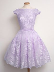 Lavender A-line Lace Quinceanera Court Dresses Lace Up Lace Cap Sleeves Knee Length