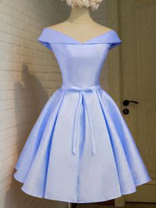 Pretty Lavender Cap Sleeves Knee Length Belt Lace Up Vestidos de Damas