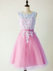 Lilac A-line Tulle Scoop Sleeveless Lace Knee Length Lace Up Damas Dress