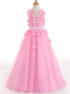 Latest Floor Length Rose Pink Little Girl Pageant Gowns Tulle Sleeveless Appliques and Bowknot