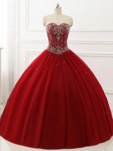 Sleeveless Tulle Floor Length Lace Up Quince Ball Gowns in Wine Red with Beading