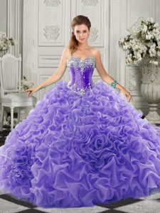 Edgy Lavender Ball Gowns Sweetheart Sleeveless Organza Court Train Lace Up Beading and Ruffles Quinceanera Gowns