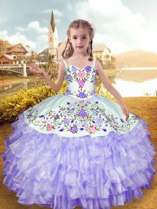 Wonderful Lavender Sleeveless Floor Length Embroidery and Ruffled Layers Lace Up Kids Pageant Dress