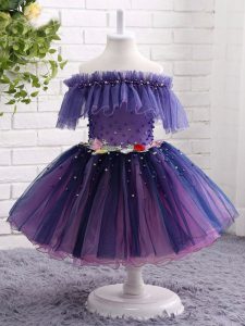 Ball Gowns Little Girl Pageant Dress Purple Off The Shoulder Tulle Short Sleeves Knee Length Lace Up