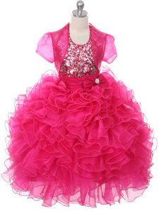 Organza Sleeveless Floor Length Kids Pageant Dress and Ruffles and Sequins and Bowknot