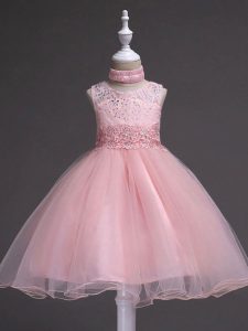 Amazing Baby Pink Sleeveless Beading and Appliques Knee Length Girls Pageant Dresses