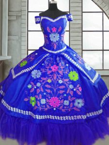 Blue Lace Up Quinceanera Gowns Beading and Embroidery Short Sleeves Floor Length