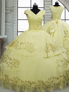 Enchanting Cap Sleeves Satin and Chiffon Brush Train Lace Up Vestidos de Quinceanera in Light Yellow with Beading and Embroidery