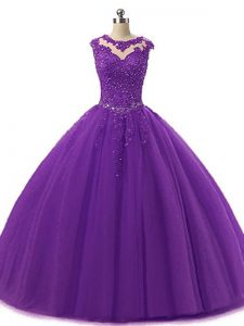 Cute Dark Purple Scoop Lace Up Beading and Lace Sweet 16 Dresses Sleeveless