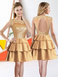 Romantic Gold Taffeta Backless Bateau Sleeveless Knee Length Quinceanera Dama Dress Beading and Lace