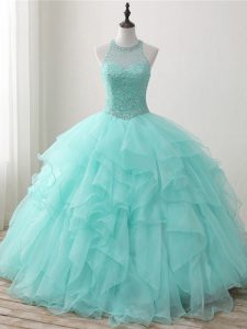 Best Sleeveless Floor Length Beading and Ruffles Lace Up Quinceanera Gown with Apple Green