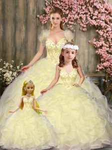 Flirting Light Yellow Lace Up Sweetheart Beading and Ruffles Quinceanera Gown Tulle Sleeveless