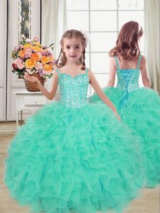 Turquoise Straps Neckline Beading and Ruffles Girls Pageant Dresses Sleeveless Lace Up