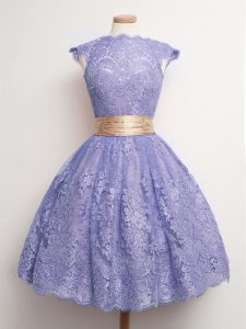 Lavender Ball Gowns Lace High-neck Cap Sleeves Belt Knee Length Lace Up Vestidos de Damas