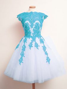 Blue And White Sleeveless Knee Length Appliques Lace Up Quinceanera Dama Dress