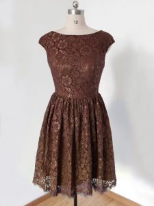 Brown Empire Lace Scoop Cap Sleeves Lace Knee Length Lace Up Damas Dress