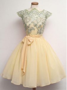 Beauteous Scalloped Cap Sleeves Chiffon Quinceanera Court of Honor Dress Lace and Belt Lace Up