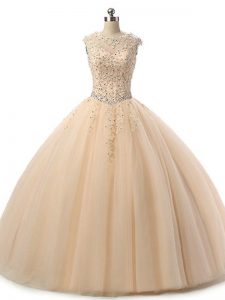 Champagne Tulle Lace Up Scoop Sleeveless Floor Length Sweet 16 Dresses Beading and Lace