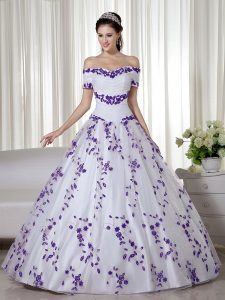 Ball Gowns Sweet 16 Quinceanera Dress White Off The Shoulder Organza Short Sleeves Floor Length Lace Up