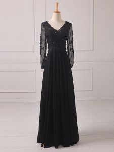 On Sale Empire Mother Of The Bride Dress Black V-neck Chiffon Long Sleeves Floor Length Zipper