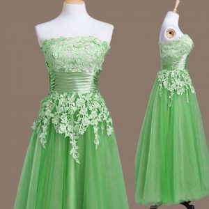 Custom Fit Green Lace Up Dama Dress for Quinceanera Appliques Sleeveless Tea Length