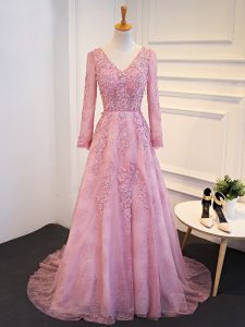 Pink Mother Of The Bride Dress Tulle Brush Train Long Sleeves Lace and Appliques