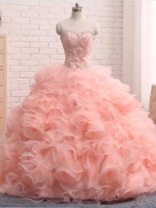 Sumptuous Sweetheart Sleeveless Sweet 16 Dresses Floor Length Beading and Ruffles Pink Organza