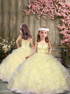 Floor Length Light Yellow Little Girls Pageant Gowns Tulle Sleeveless Beading and Ruffles