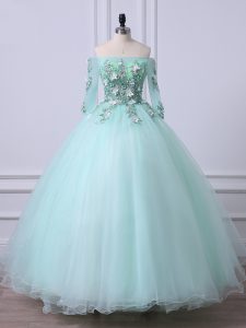 Dazzling Apple Green 3 4 Length Sleeve Beading Floor Length 15 Quinceanera Dress with Jewelry
