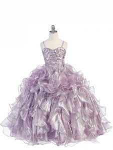 Enchanting Lavender Organza Lace Up High School Pageant Dress Sleeveless Floor Length Beading and Ruffles