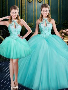 Floor Length Lace Up Ball Gown Prom Dress Aqua Blue for Military Ball and Sweet 16 and Quinceanera with Beading and Pick Ups
